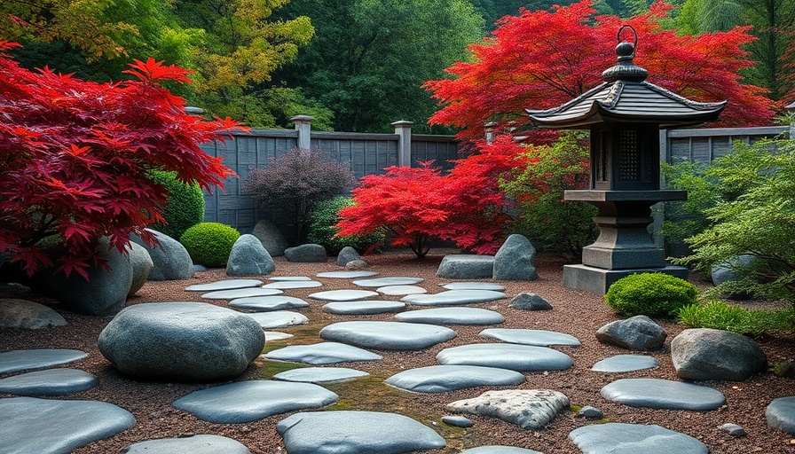 Japanese zen garden with stones and a lantern, vibrant foliage.