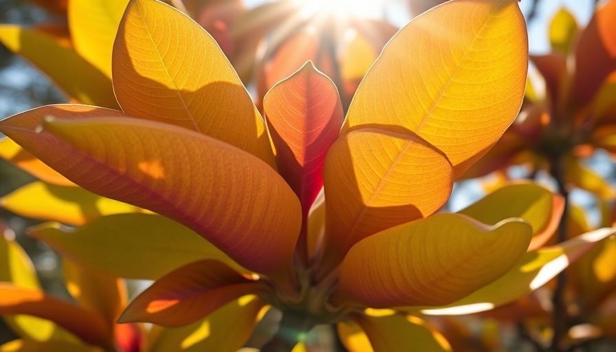 Sunlit magnolia leaves displaying green and brown hues.