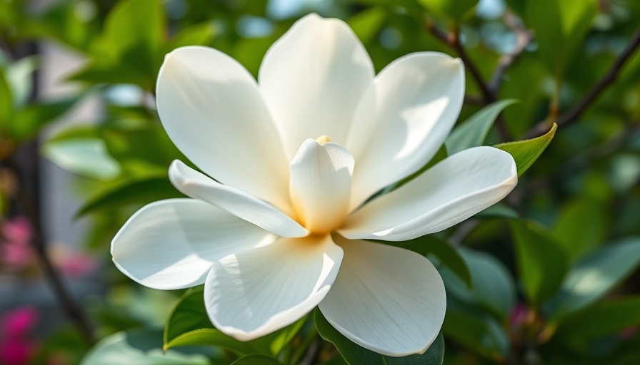 Magnolia flower in garden with lush greenery