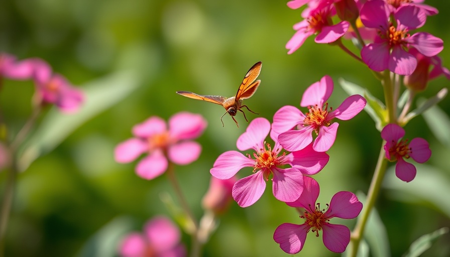 Pollinator in action with pink flowers in bright sunlight.