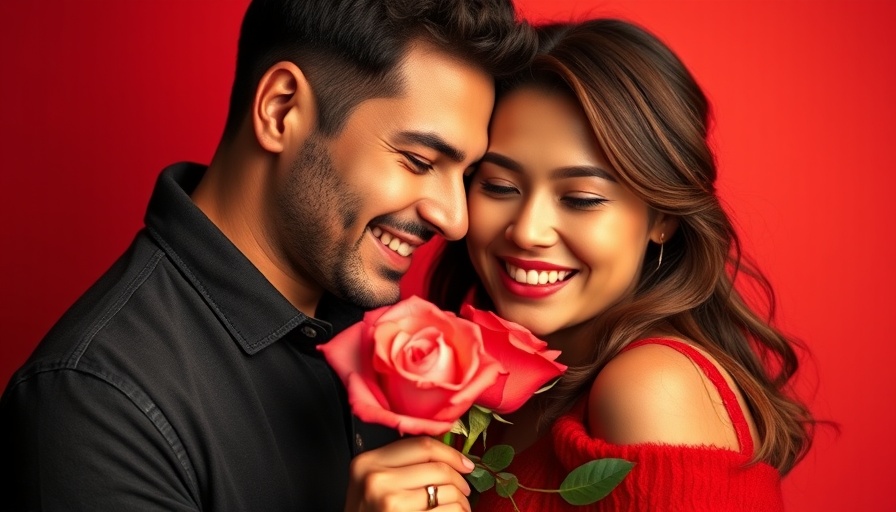 Smiling couple with a rose, romantic Valentine's Day gesture.