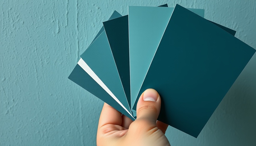 Hand holding dark teal paint swatches for bedroom suite foyer paint colors.