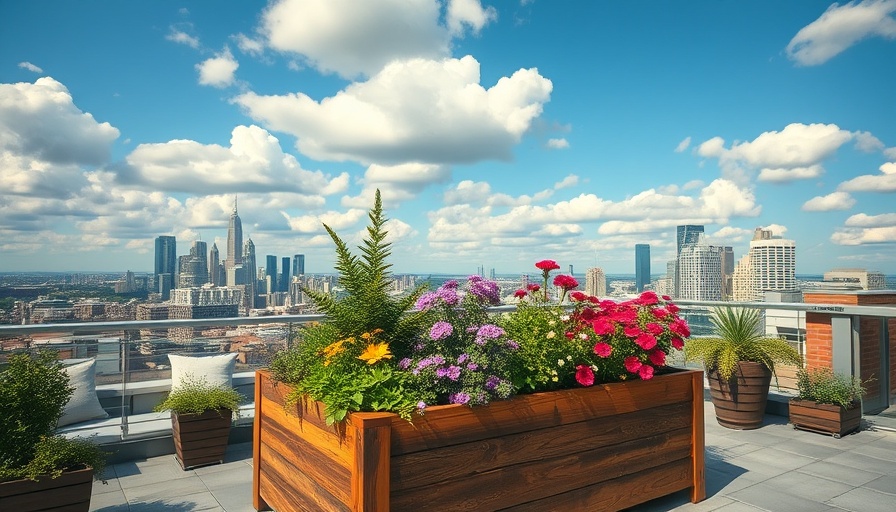 Vibrant urban patio gardening scene with bright flowers in a planter.