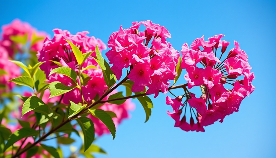 Vibrant pink crape myrtles growing under a clear blue sky.