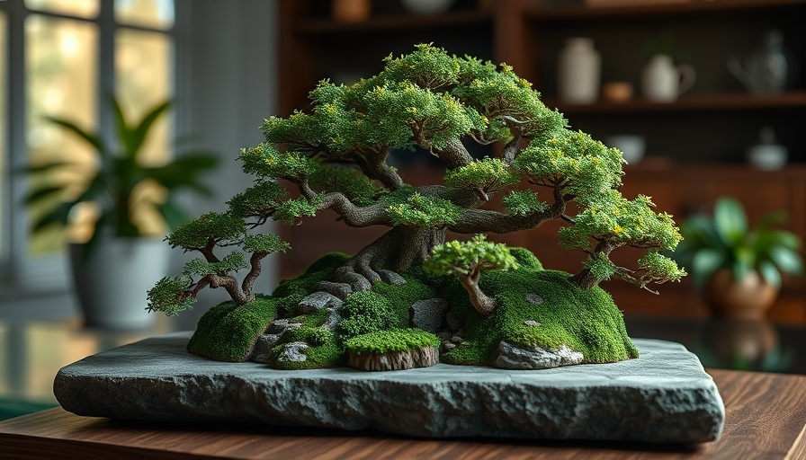 Intricate bonsai forest with lush green foliage.