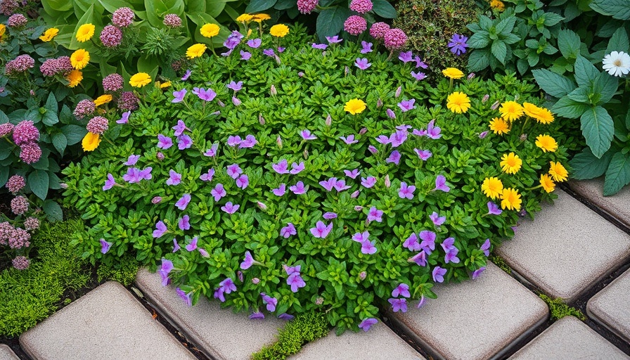 Lush creeping thyme growing in a garden pathway with stone pavers.