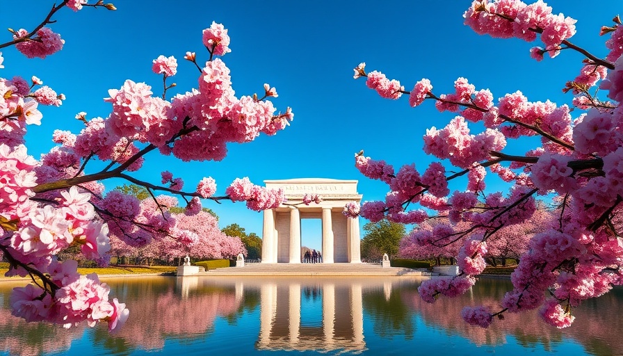 Cherry blossom trees framing a historic memorial with reflection.