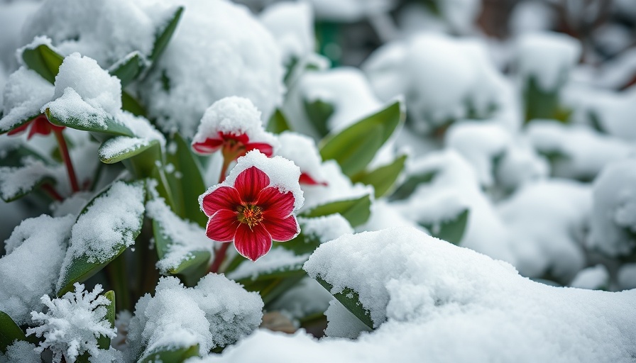 Red flowers in snow, winter gardening in Washington scene.