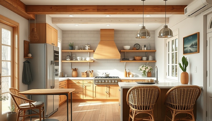 Modern kitchen with warm wood decor and natural lighting.