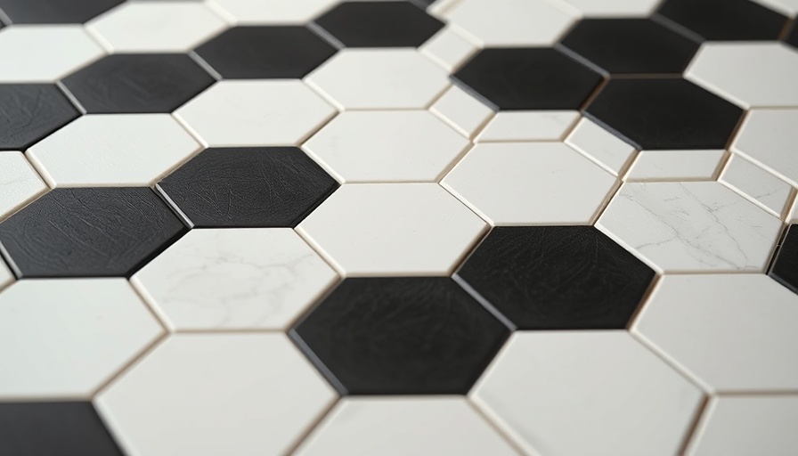 Close-up of hexagon tiles on a floor, geometric pattern installation.