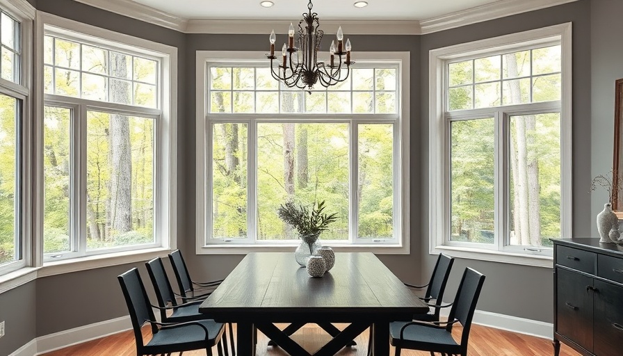 Modern dining room with DIY window mullions and large windows.