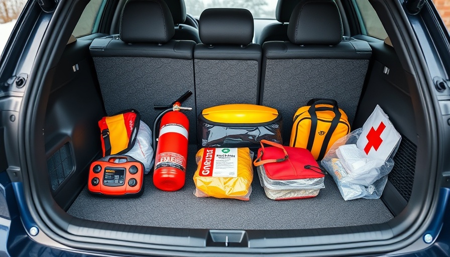 Organized winter car emergency kit in trunk.