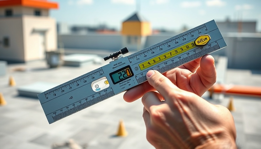 Person using a speed square and level tool for precise measurement on a rooftop.