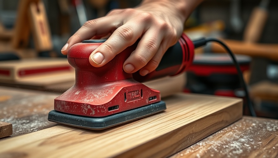 Close-up of red belt sander smoothing wood for DIY home improvement ideas.