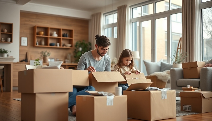 Family moving into a new home, unpacking boxes together.