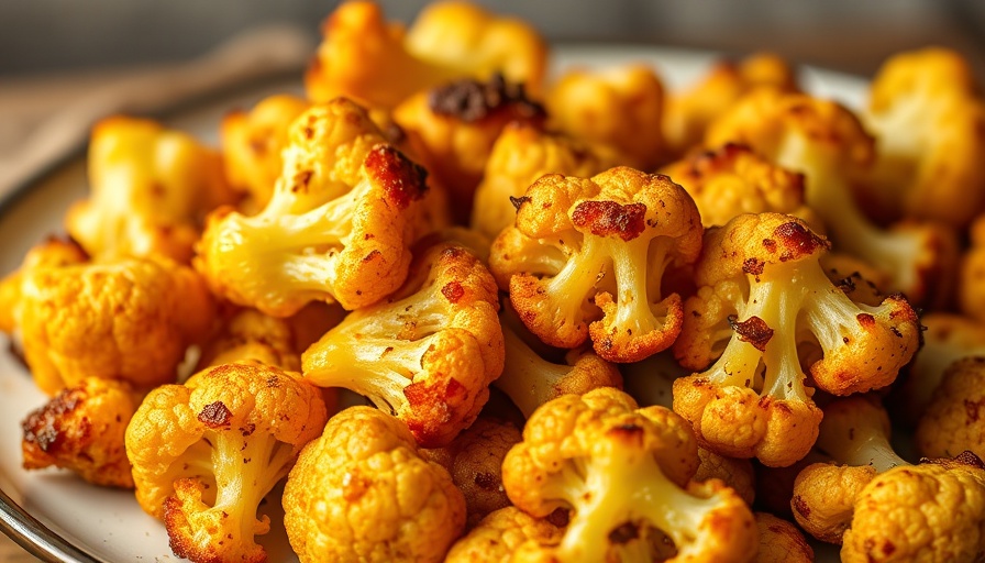 Golden brown roasted cauliflower florets on plate, best roasted cauliflower.