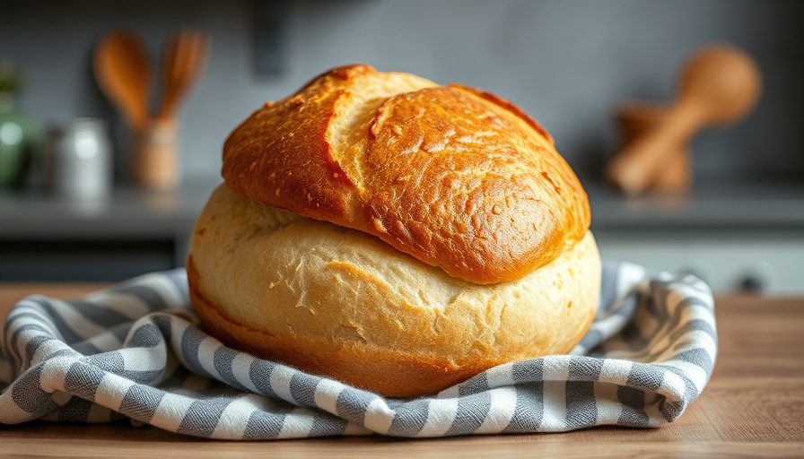 Golden no knead bread loaf with butter on wooden board.