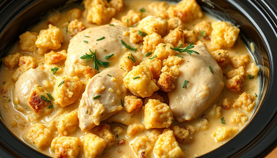 Delicious crockpot chicken and stuffing with herbs in a black crockpot.