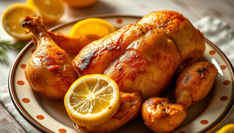 Golden roasted chicken, easy dinner idea, on plate with lemon slices.