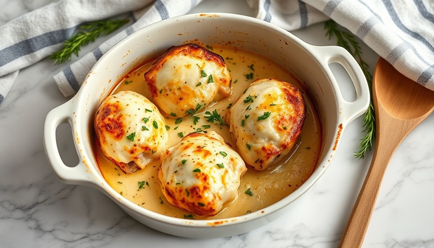 Cheesy baked chicken, easy dinner ideas, in a ceramic dish.