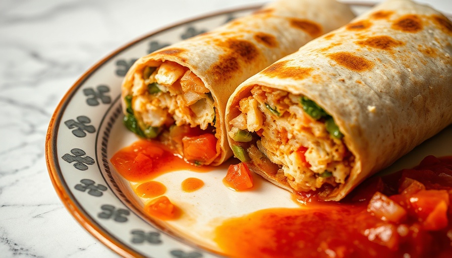 Easy homemade burrito with salsa on a plate.