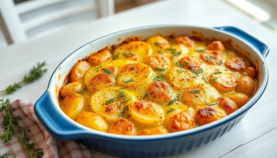 Delicious Hungarian potato casserole with paprika topping in a dish.