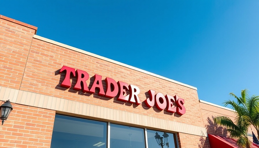 Trader Joe's store sign on brick wall in bright daylight.