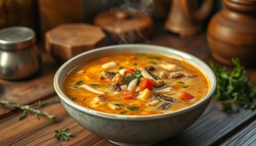 Savory vegetable soup in a bowl with herbs, healthy recipes.