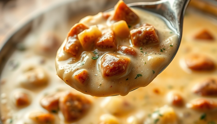 Creamy Sausage Potato Soup in a ladle with rich texture.