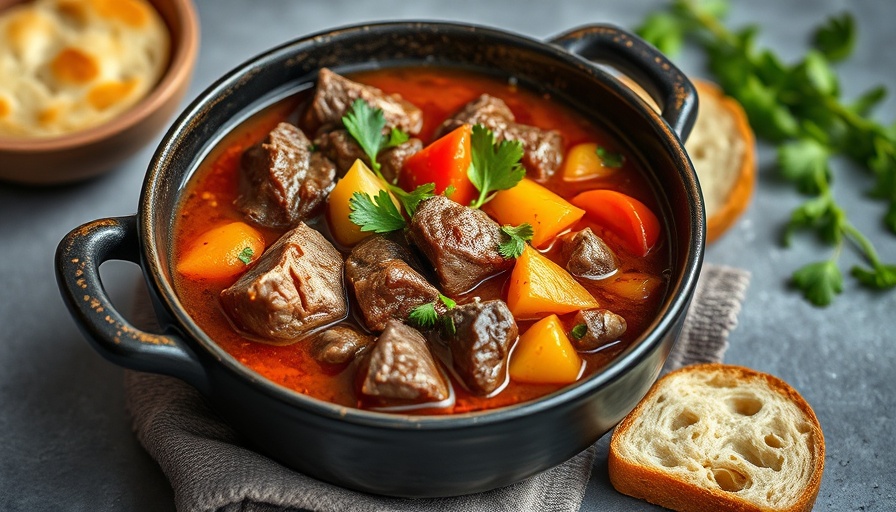 Rustic bowl of Mississippi beef stew with vegetables and herbs.