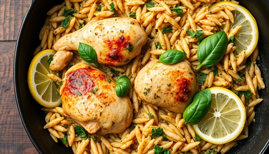 One pot meal of lemon herb orzo with chicken and basil in a skillet