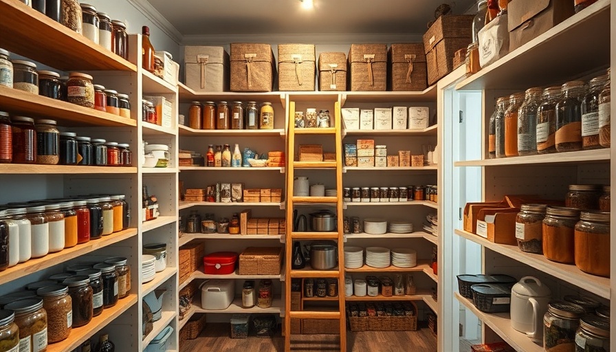 Charming walk-in pantry with ladder and shelves for storage ideas.