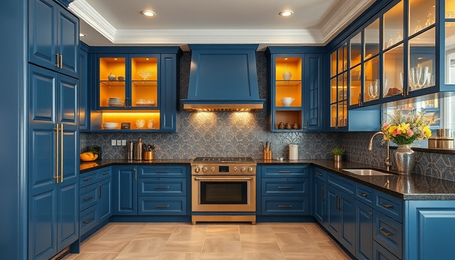 Luxury kitchen with trendy backsplash and blue cabinets.