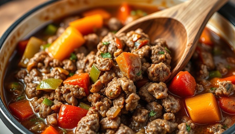 Savory ground beef stew with vegetables being stirred with a spoon.