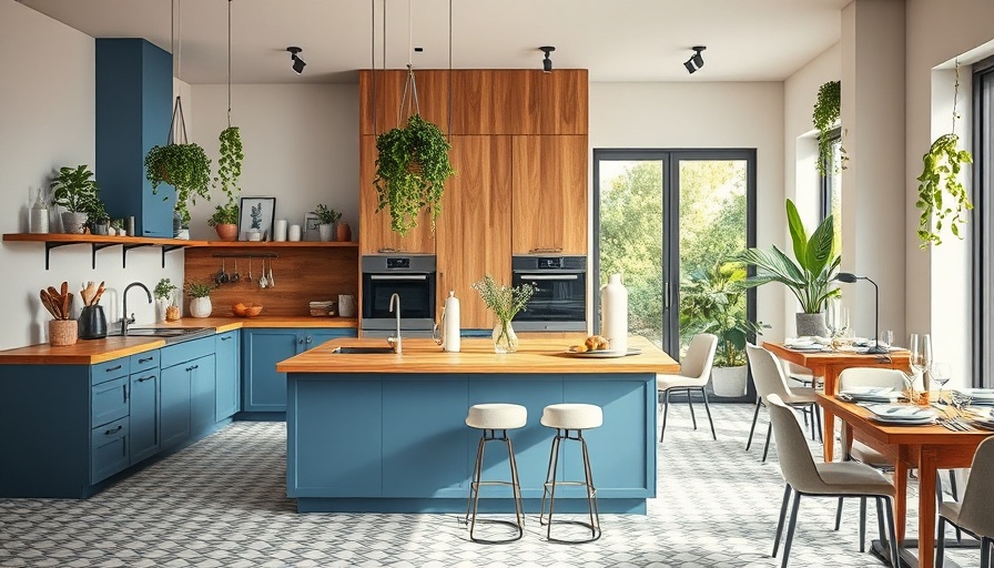 Modern kitchen design with wood and blue accents, featuring plants.