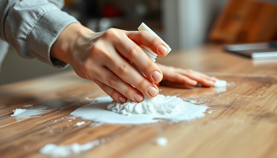 Cleaning kitchen countertop with spray bottle and foam, close-up.