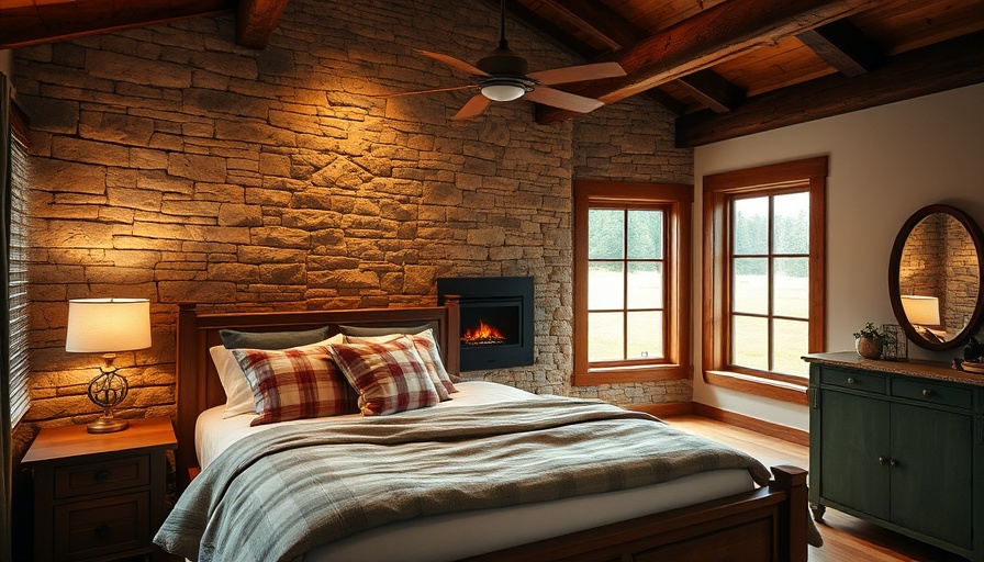 Design ideas for a bedroom with stone walls and cozy ambiance.