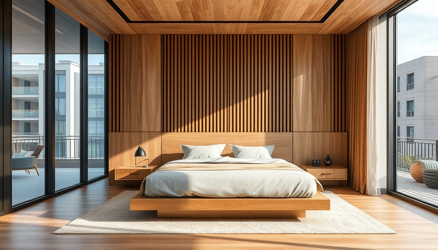 Minimalist Japanese-inspired bedroom design with slatted wood headboard.