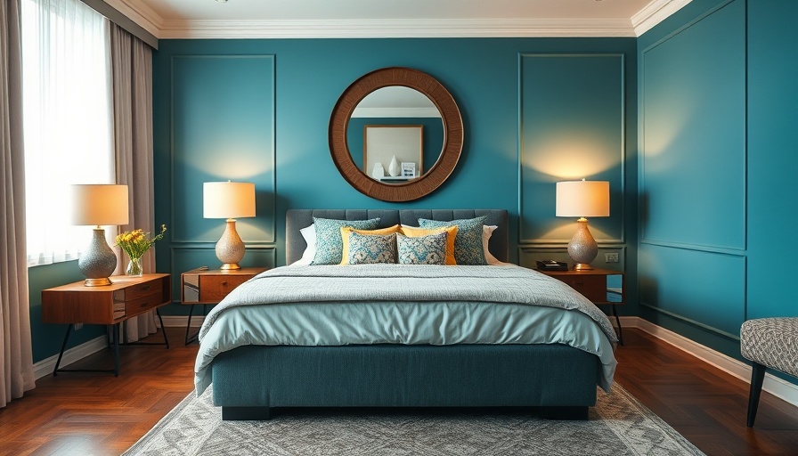 Cozy modern bedroom interior with teal walls and stylish decor.