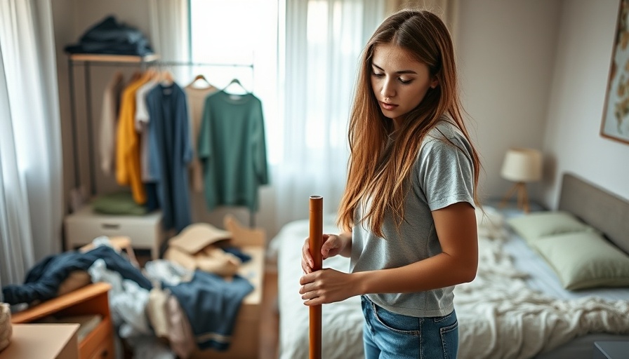 Woman holding mop in messy bedroom, looking at clutter.