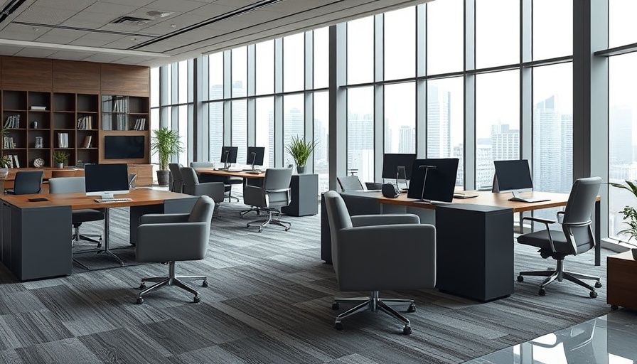 Modern office furniture with elegant chairs and desks in workspace.