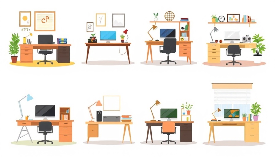 Illustrated variety of home office desk styles in cartoon form.