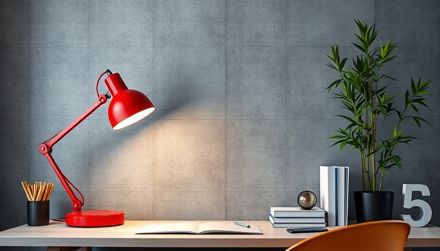 Modern home office decor with red lamp and bamboo plant.