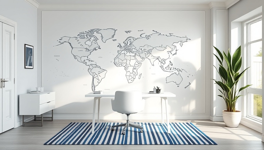 Modern home office decor with world map mural and sleek furniture.