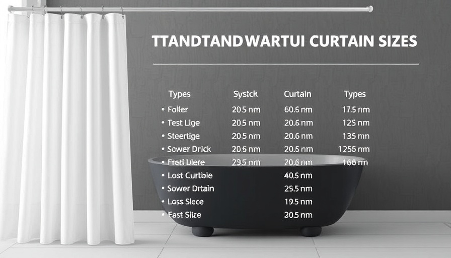 Standard shower curtain sizes and types infographic in bathroom.