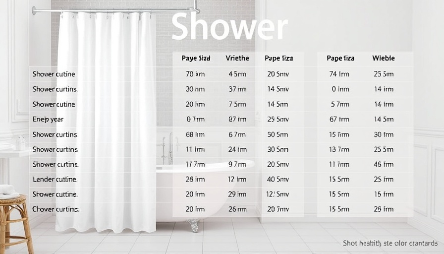 Standard shower curtain sizes infographic in a bathroom.