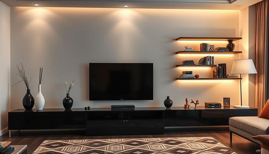 Modern living room with ambient lighting techniques, sleek decor.