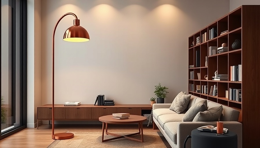 Modern interior highlighting 2024 lighting trends with copper lamp.