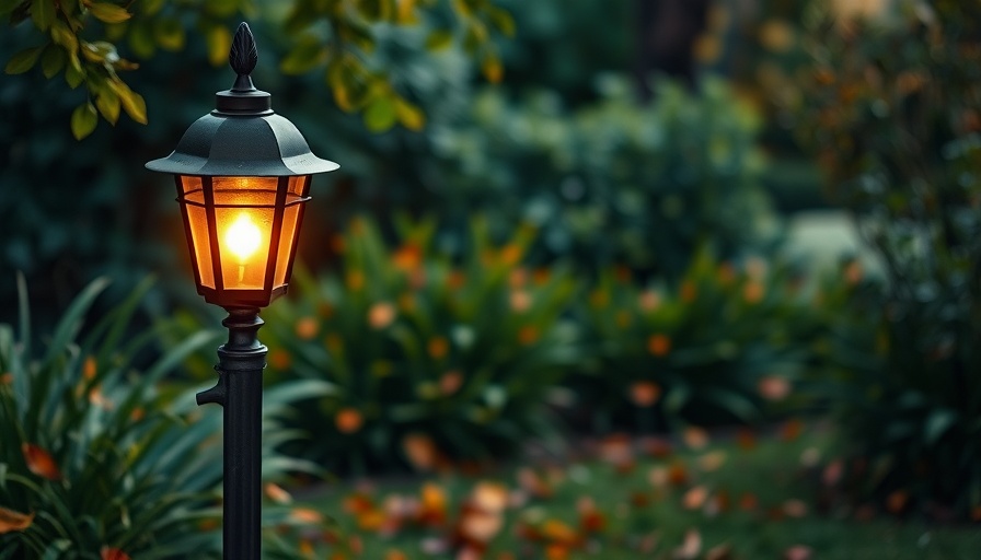 Vintage solar lamp post illuminating a garden with autumn leaves.