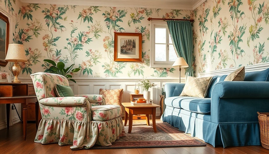 Cozy living room featuring skirted furniture with vintage decor.